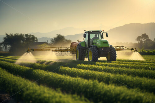 A tractor spraying a field with pesticides - Starpik Stock