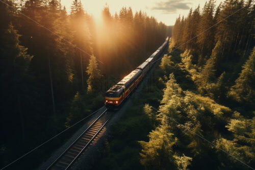 A train crossing a forest on the railway - Starpik Stock