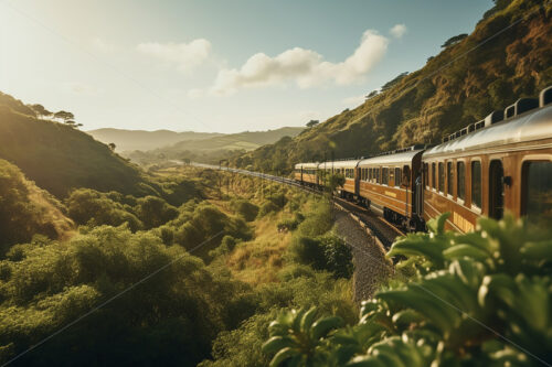 A train passing on a railway in the middle of nature - Starpik Stock