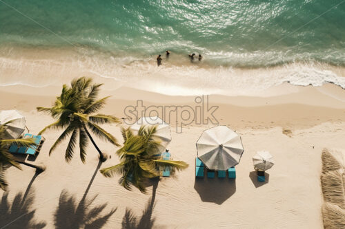 A tropical beach, with sand, umbrellas, palm trees - Starpik Stock