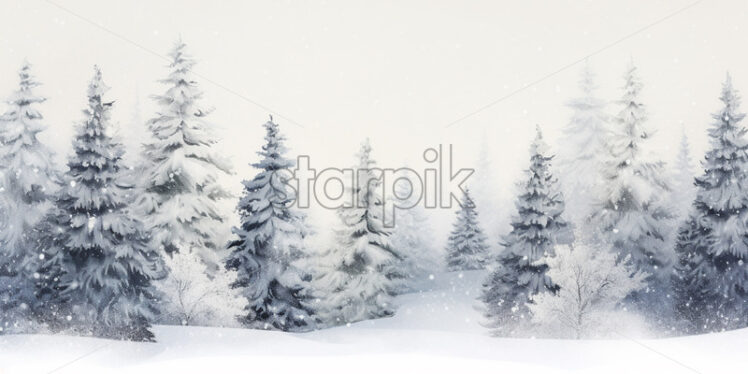 A watercolor landscape with a forest of fir trees full of snow - Starpik Stock