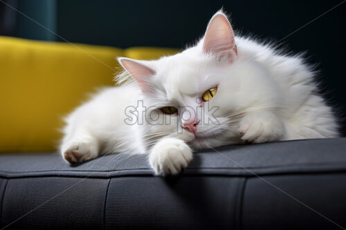 A white cat on an yellow armchair - Starpik Stock