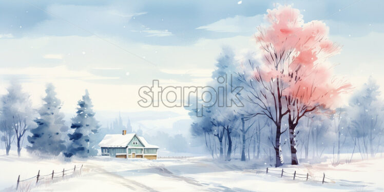 A winter landscape of a house in the forest, watercolor painting - Starpik Stock