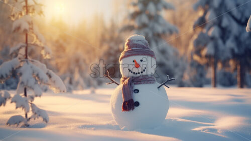 A winter scene with a snowman in the forest - Starpik Stock