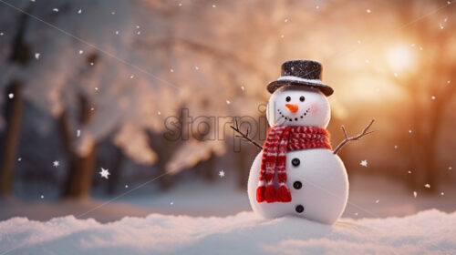 A winter scene with a snowman in the forest - Starpik Stock