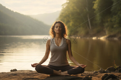 A woman meditating on the shore of a lake - Starpik Stock