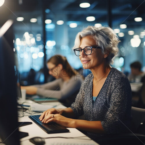 A woman working in IT company, gray hairs, wearing glasses generated by AI - Starpik