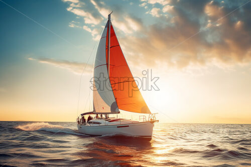 A yacht floating on an ocean at sunset - Starpik Stock
