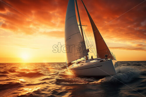 A yacht floating on an ocean at sunset - Starpik Stock