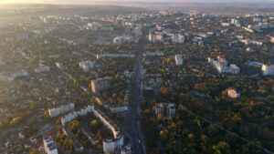 Aerial drone view of Chisinau city at sunrise. Autumn season. Moldova - Starpik Stock