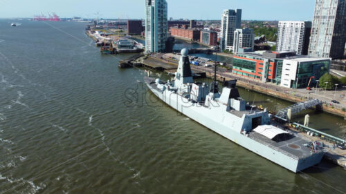 Aerial drone view of city and port of Liverpool United Kingdom, Military army boats - Starpik Stock