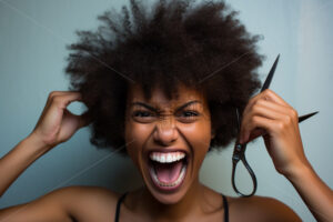Afro American woman cutting her hair, homemade self beauty cares - Starpik