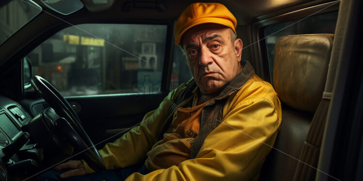 American Taxi Driver on his cab resting for a while in the street - Starpik Stock