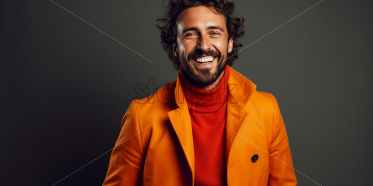 An adult model smiling pleasantly, on an orange background, dressed in orange clothes - Starpik Stock