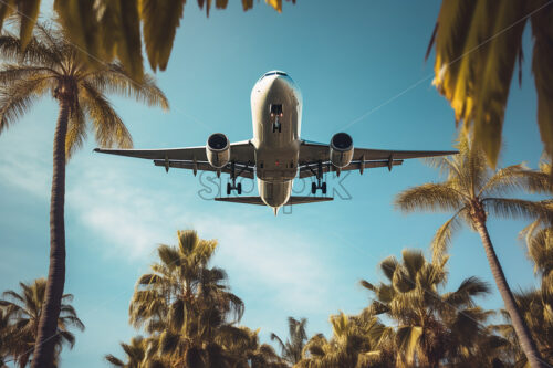 An airplane flying over some palm trees - Starpik Stock