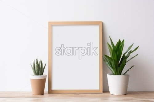 An empty frame on a table with indoor flowers - Starpik Stock