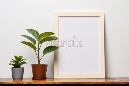 An empty frame on a table with indoor flowers - Starpik Stock