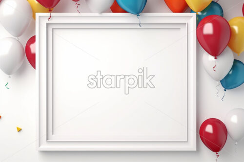 An empty photo frame on a white background, with balloons on the edges - Starpik Stock