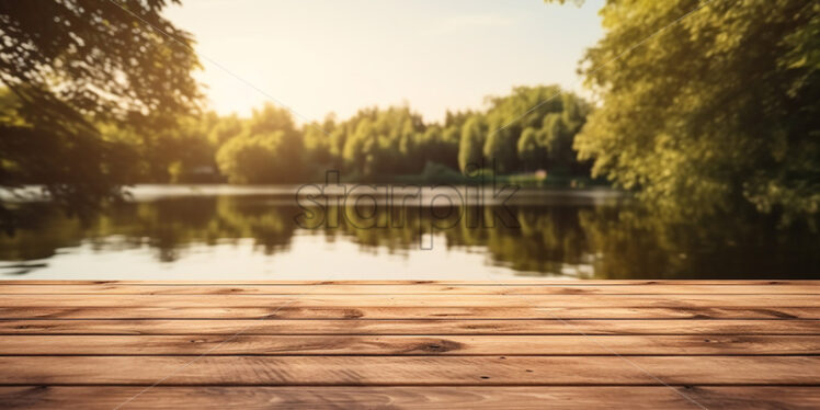 An empty wooden table, on the edge of a lake - Starpik Stock