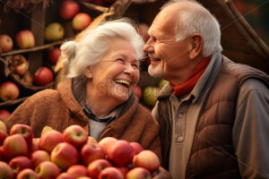 An old couple collecting apples harvest fall season beautiful - Starpik