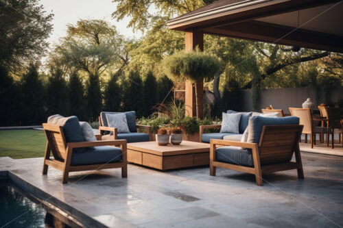 An outdoor living room with furniture next to the pool - Starpik Stock