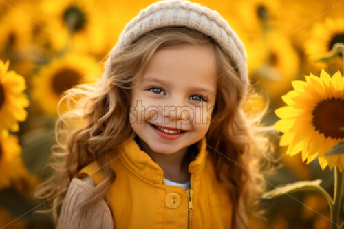 Beautiful little girl in a sunflower meadow with curled hair natural - Starpik