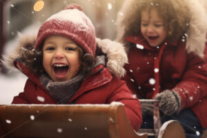 Children riding a sleigh having fun outdoors during winter season - Starpik