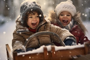 Children riding a sleigh having fun outdoors during winter seasons - Starpik