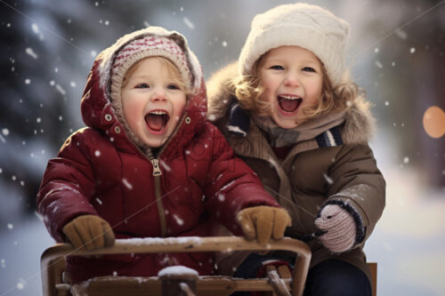 Children riding a sleigh having fun outdoors during winter seasons - Starpik