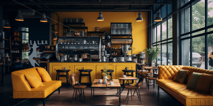 Classy Cafe architecture in the city in a yellow wall and wooden chair and modern couch in a bright ambience and classy theme - Starpik Stock