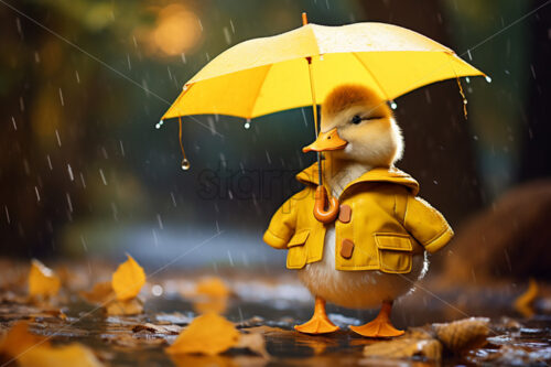 Cute yellow duck under the rain holding an umbrella - Starpik