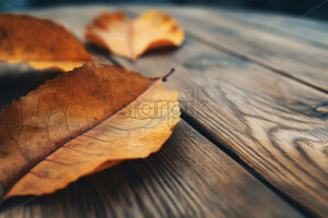 Dry yellow leaves on a wooden table - Starpik Stock