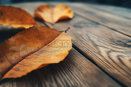 Dry yellow leaves on a wooden table - Starpik Stock