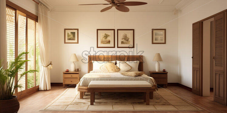 Elegant vacation house in the beach side, classic celling fan with wood and white theme, rattan bedframe , wooden door and indoor plants with cozy vides - Starpik Stock