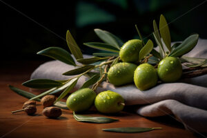 Fresh green olives on a wooden table - Starpik Stock
