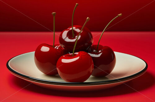 Generative AI 4 ripe cherries on a white plate on a red background - Starpik Stock