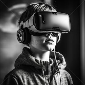 Generative AI Boy wearing VR and music headset over the neutral background in black and white colors - Starpik Stock