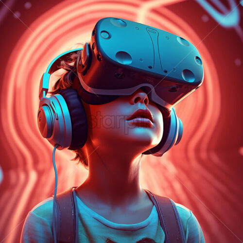 Generative AI Boy wearing VR and music headset over the red background - Starpik Stock