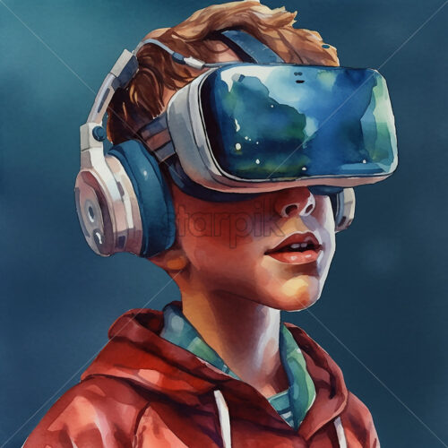 Generative AI Boy wearing VR and music headset painted in watercolor on a blue background - Starpik Stock