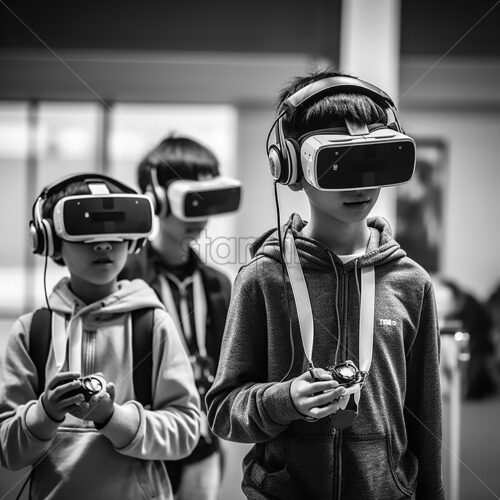 Generative AI Boys wearing VR and music headset over the classroom background in black and white color - Starpik Stock