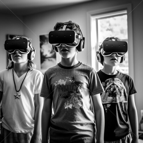 Generative AI Boys wearing VR and music headset over the classroom background in black and white color - Starpik Stock