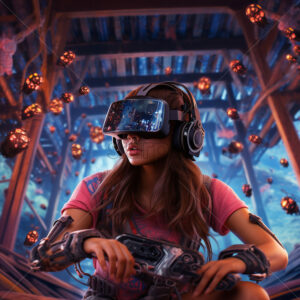 Generative AI Girl wearing VR and music headset on a futuristic background with fantastic Asian-style creatures - Starpik Stock