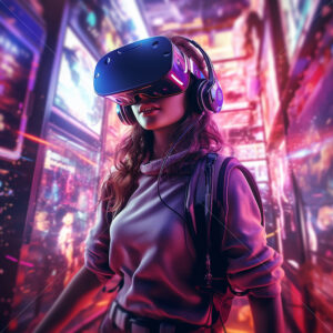Generative AI Girl wearing VR and music headset on the background of a futuristic city colored in purple and red colors - Starpik Stock
