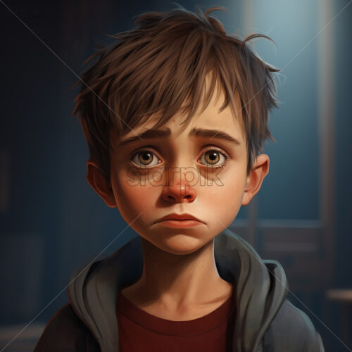 Generative AI a 10-year-old child with a sad facial expression - Starpik Stock