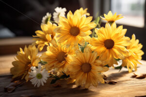 Generative AI a beautiful bouquet of yellow flowers on a wooden table - Starpik Stock