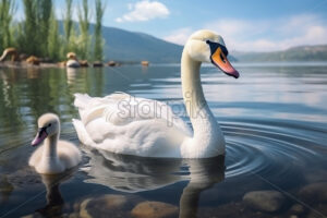 Generative AI a beautiful white swan with her young on the lake - Starpik Stock