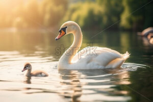 Generative AI a beautiful white swan with her young on the lake - Starpik Stock