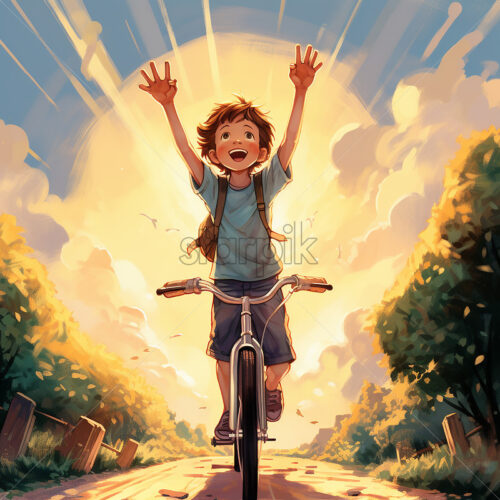 Generative AI a boy riding a bicycle on a country road raised his hands up being happy - Starpik Stock