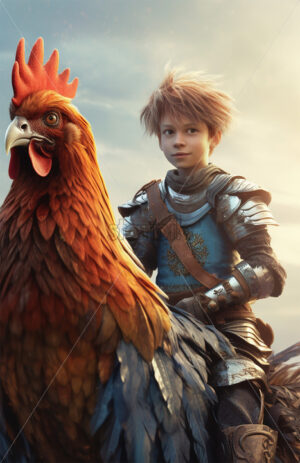 Generative AI a child knight riding a rooster - Starpik Stock