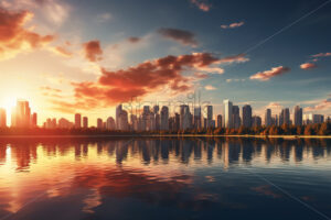 Generative AI a city located on the shore of a lake and the sunset in the background - Starpik Stock